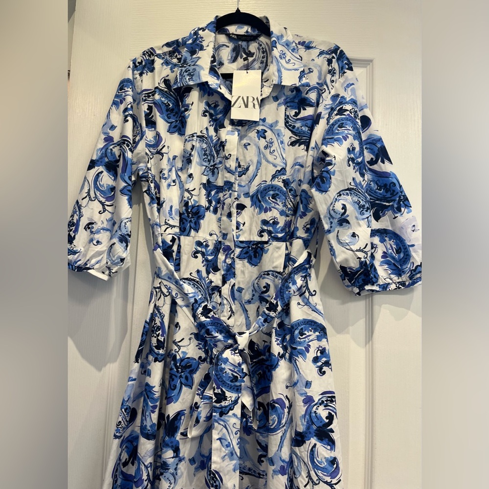 Zara Long Sleeve Dress with Blue Floral Design